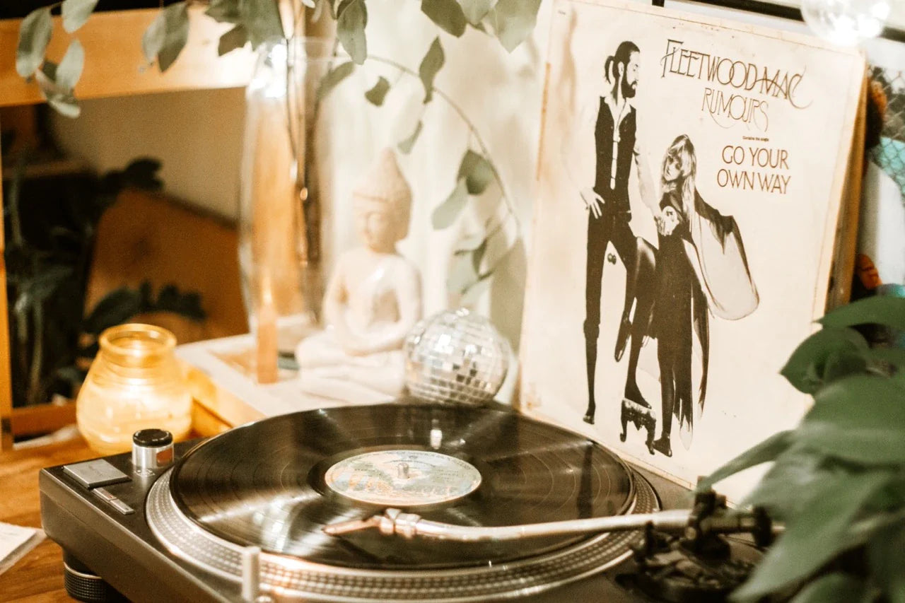 Turntable in cozy room with vinyl record