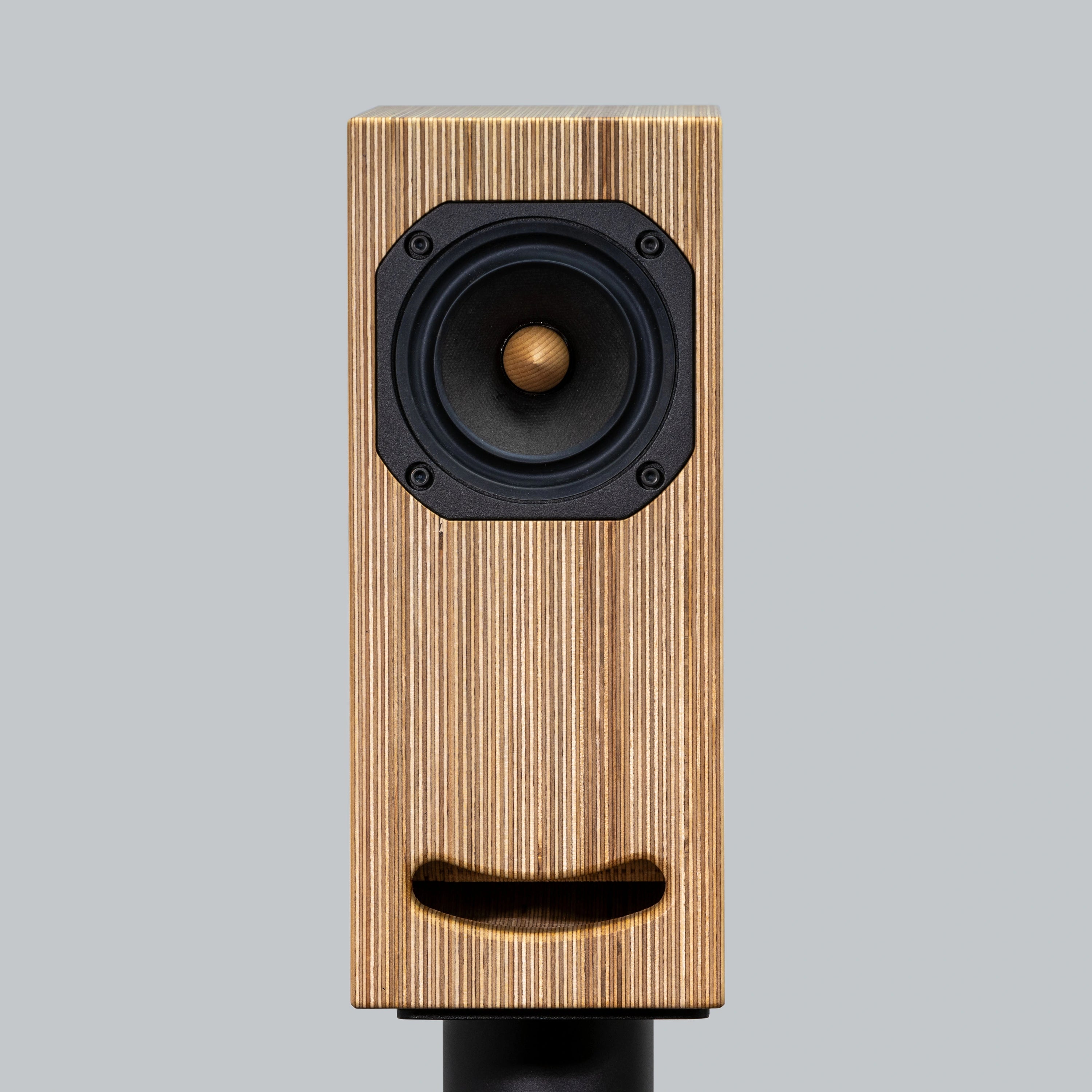 plywood loudspeaker on black stand